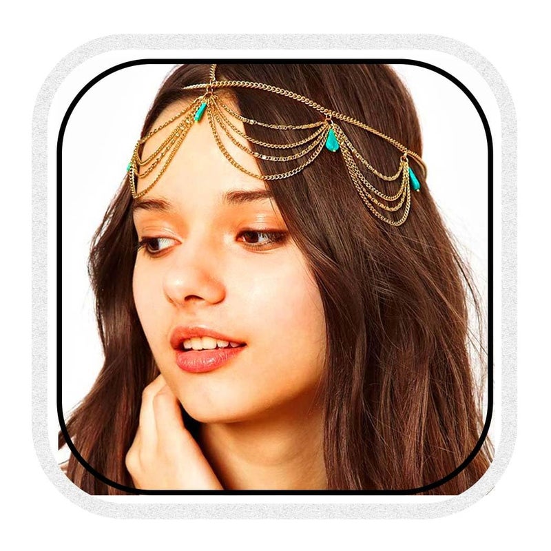 Barogirl Gold Head Chain Jewelry Turquoise Headpiece Boho Hair Chain for Women and Girls - Image 1